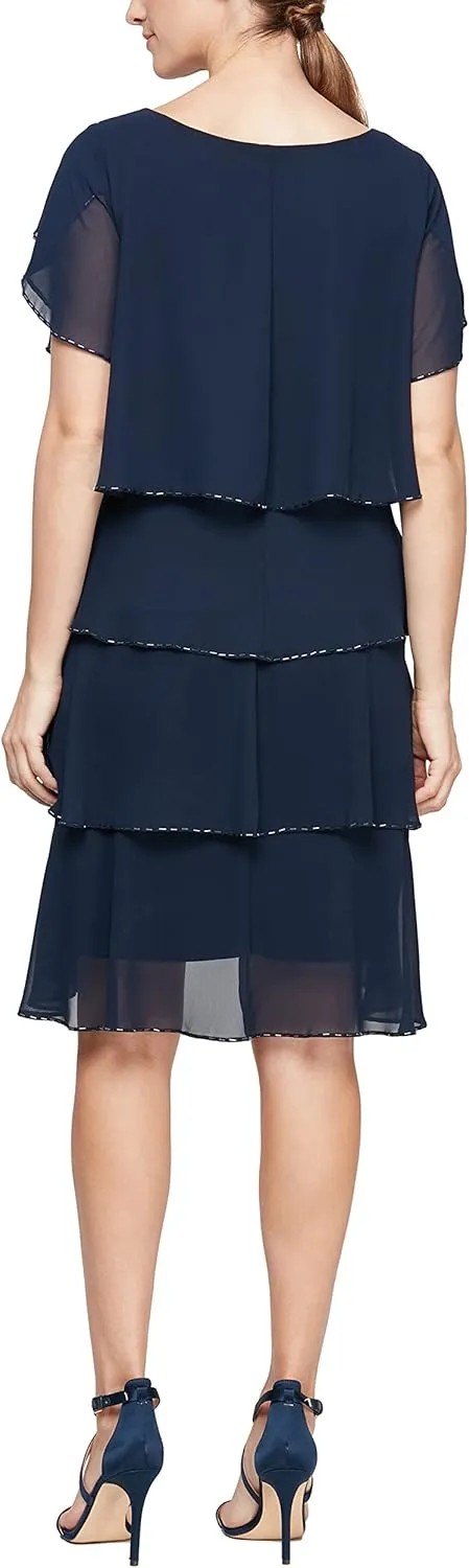 S.L. Fashions Women's Short Tulip Sleeve Tiered Chiffon Cocktail Dress, Wedding Guest Gown (Petite and Regular Sizes)