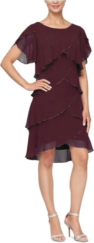 S.L. Fashions Women's Short Tulip Sleeve Tiered Chiffon Cocktail Dress, Wedding Guest Gown (Petite and Regular Sizes)