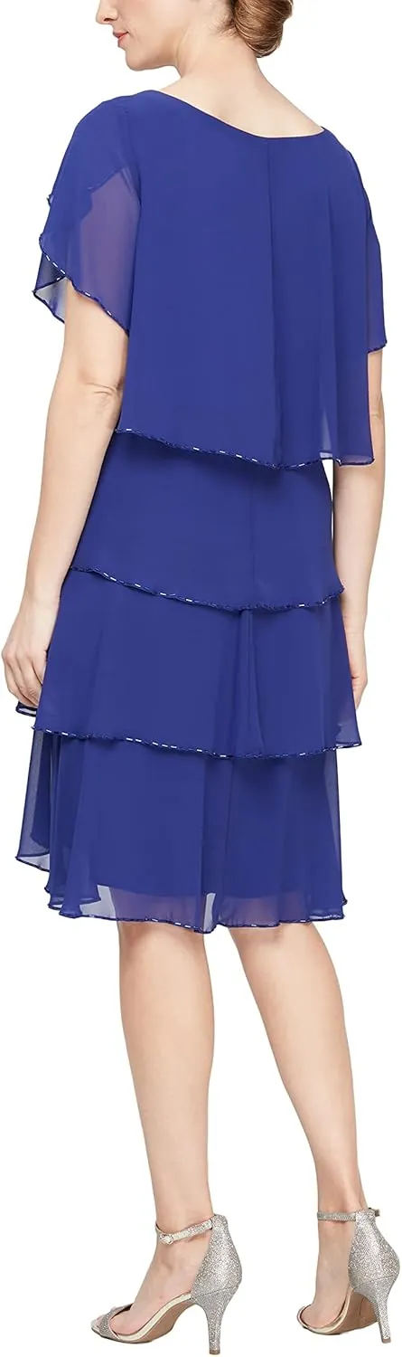 S.L. Fashions Women's Short Tulip Sleeve Tiered Chiffon Cocktail Dress, Wedding Guest Gown (Petite and Regular Sizes)