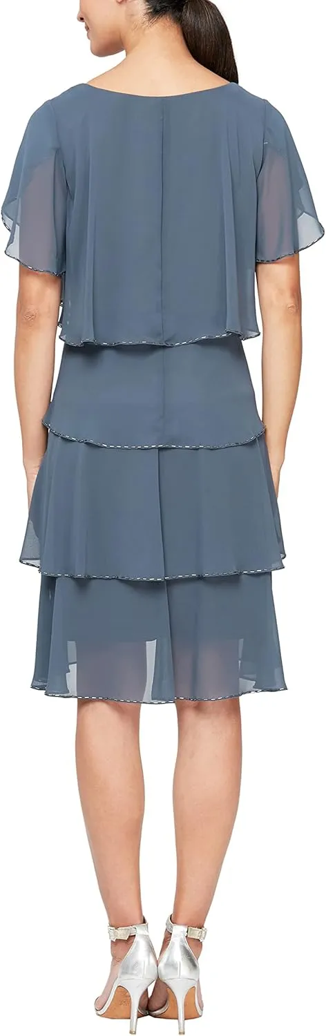S.L. Fashions Women's Short Tulip Sleeve Tiered Chiffon Cocktail Dress, Wedding Guest Gown (Petite and Regular Sizes)