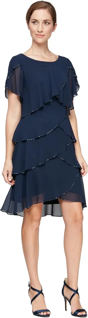 S.L. Fashions Women's Short Tulip Sleeve Tiered Chiffon Cocktail Dress, Wedding Guest Gown (Petite and Regular Sizes)