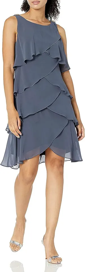 S.L. Fashions Women's Sleeveless Chiffon Tiered Cocktail Dress Petite and Missy