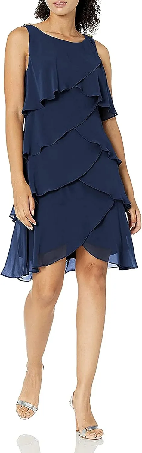 S.L. Fashions Women's Sleeveless Chiffon Tiered Cocktail Dress Petite and Missy