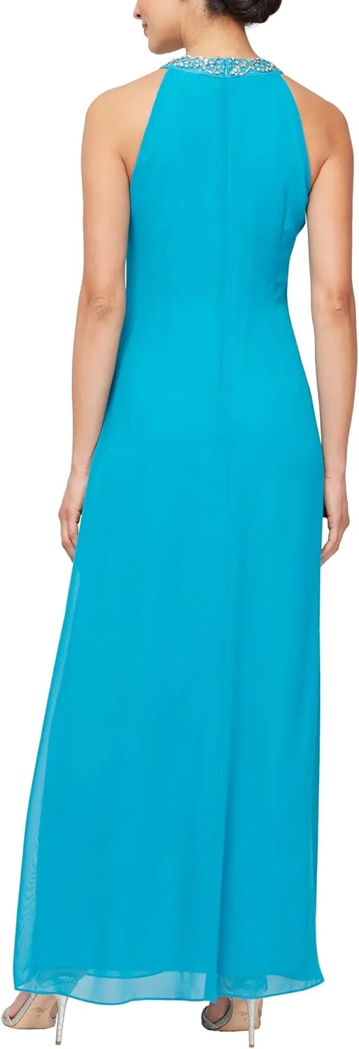 S.L. Fashions Women's Sleeveless Halter Neck Long Maxi Dress with Beaded Neckline (Petite and Regular Sizes)