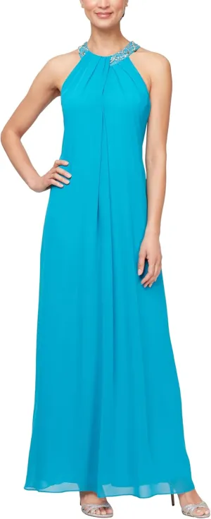 S.L. Fashions Women's Sleeveless Halter Neck Long Maxi Dress with Beaded Neckline (Petite and Regular Sizes)