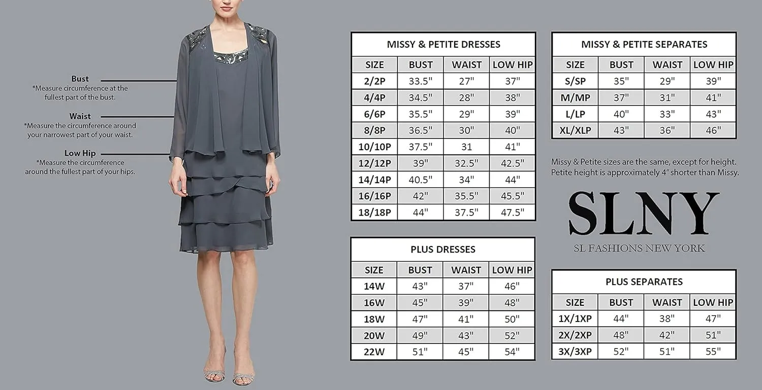 S.L. Fashions Women's Tiered Boudre Cocktail Dress with Embellished Neckline, Wedding Guest Gown (Petite and Regular Sizes)