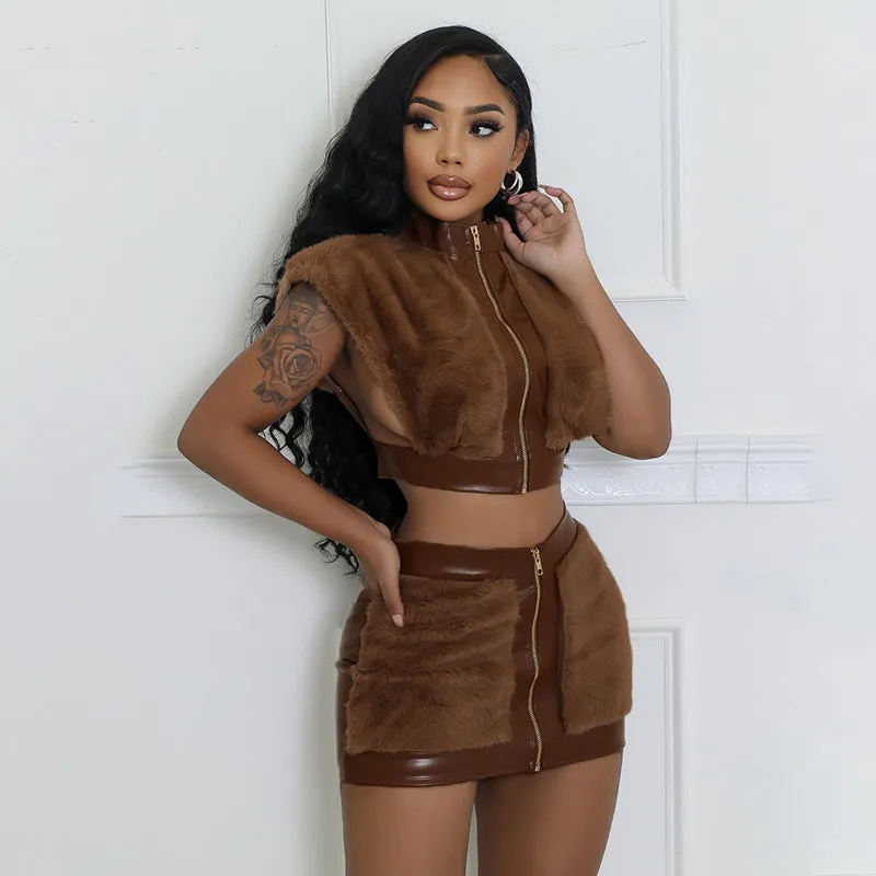 Sleek Patchwork PU-Leather Top and Skirt Two-Piece Set for Bold Elegance