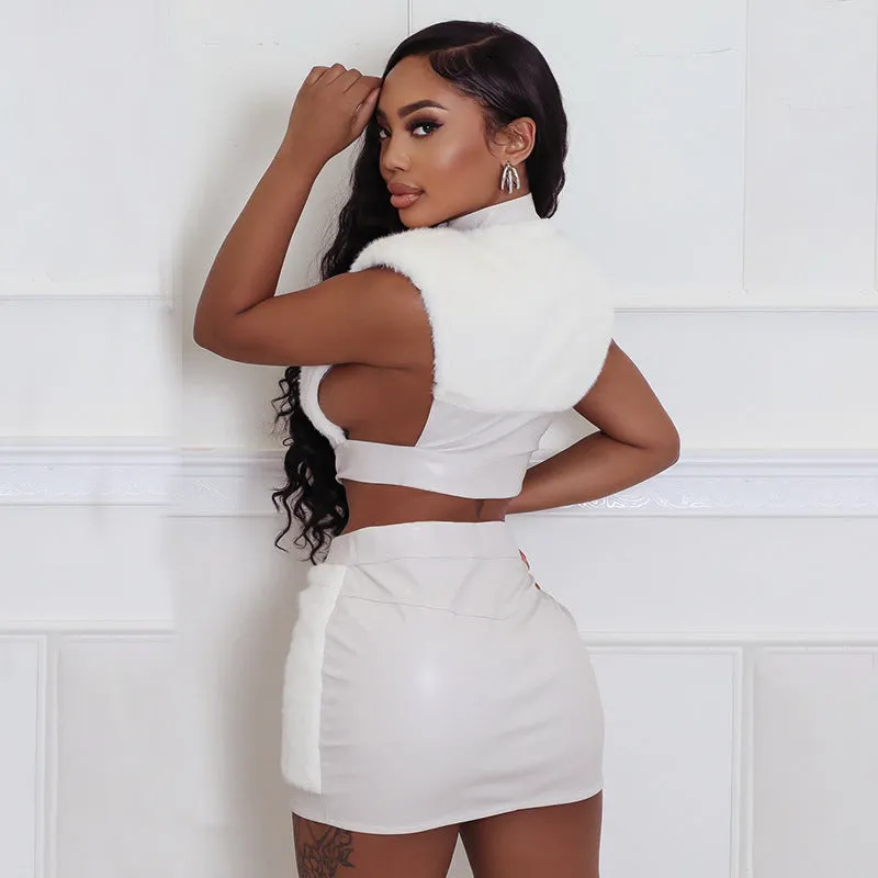 Sleek Patchwork PU-Leather Top and Skirt Two-Piece Set for Bold Elegance