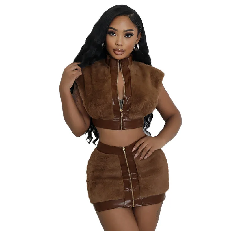 Sleek Patchwork PU-Leather Top and Skirt Two-Piece Set for Bold Elegance