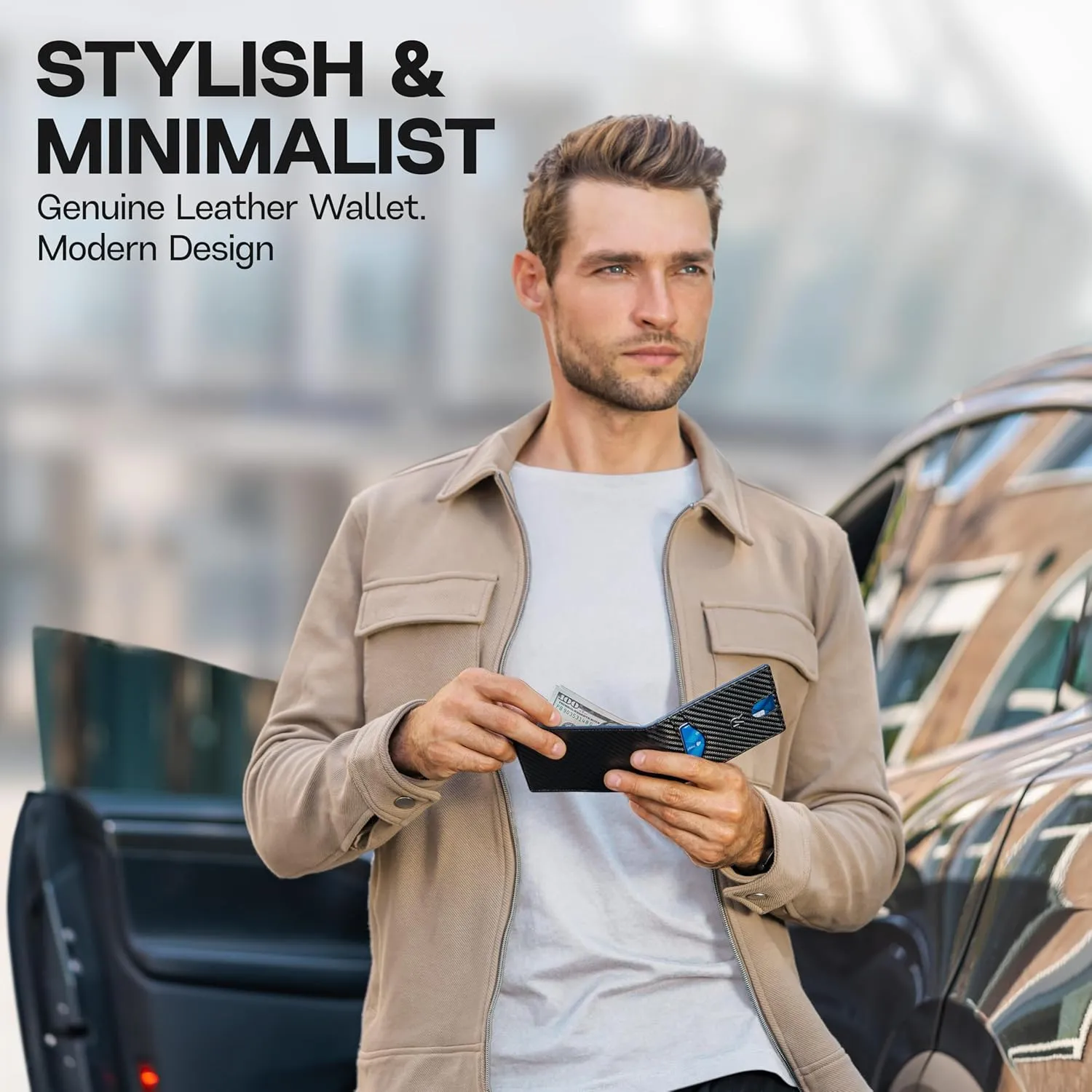 Slim Wallet for Men with Money Clip, RFID Blocking Genuine Leather Mens Wallet, Minimalist Credit Card Holder, Front Pocket Bifold - Gift Box Included