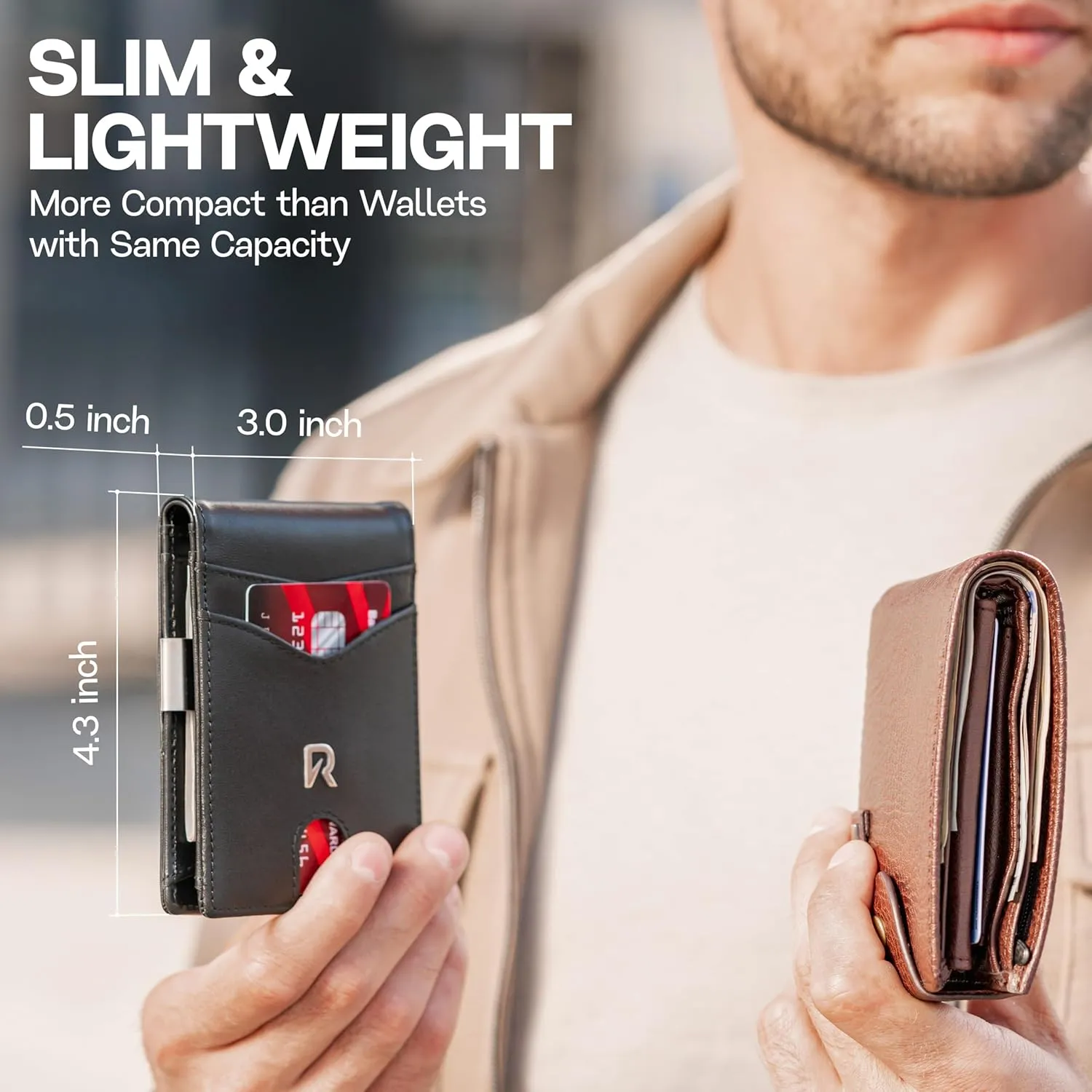 Slim Wallet for Men with Money Clip, RFID Blocking Genuine Leather Mens Wallet, Minimalist Credit Card Holder, Front Pocket Bifold - Gift Box Included