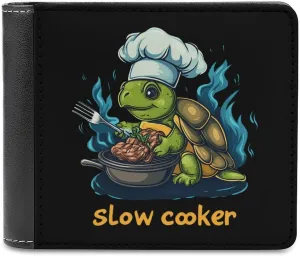 Slow Cooker Turtle Chef Men's Minimalist Wallet Blocking Leather Bifold Wallets Slim Purse with 6 Credit Card