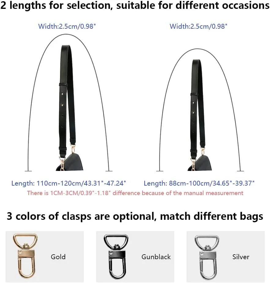 Smooth Leather Belt for Crossbody Handbags Shoulder Bag Replacement Adjustable Purse Strap Long Size Silver Clasp Black