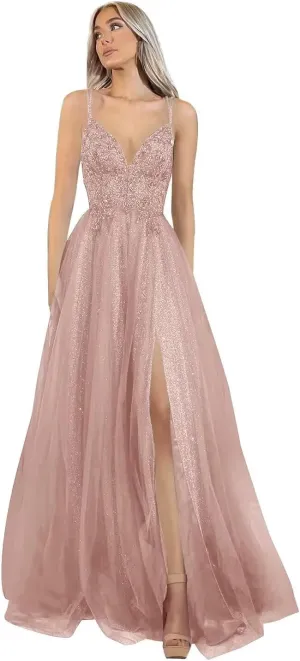 SoDigne Glitter Tulle Prom Dresses Beaded Lace V Neck Backless Long Evening Formal Gowns with Slit