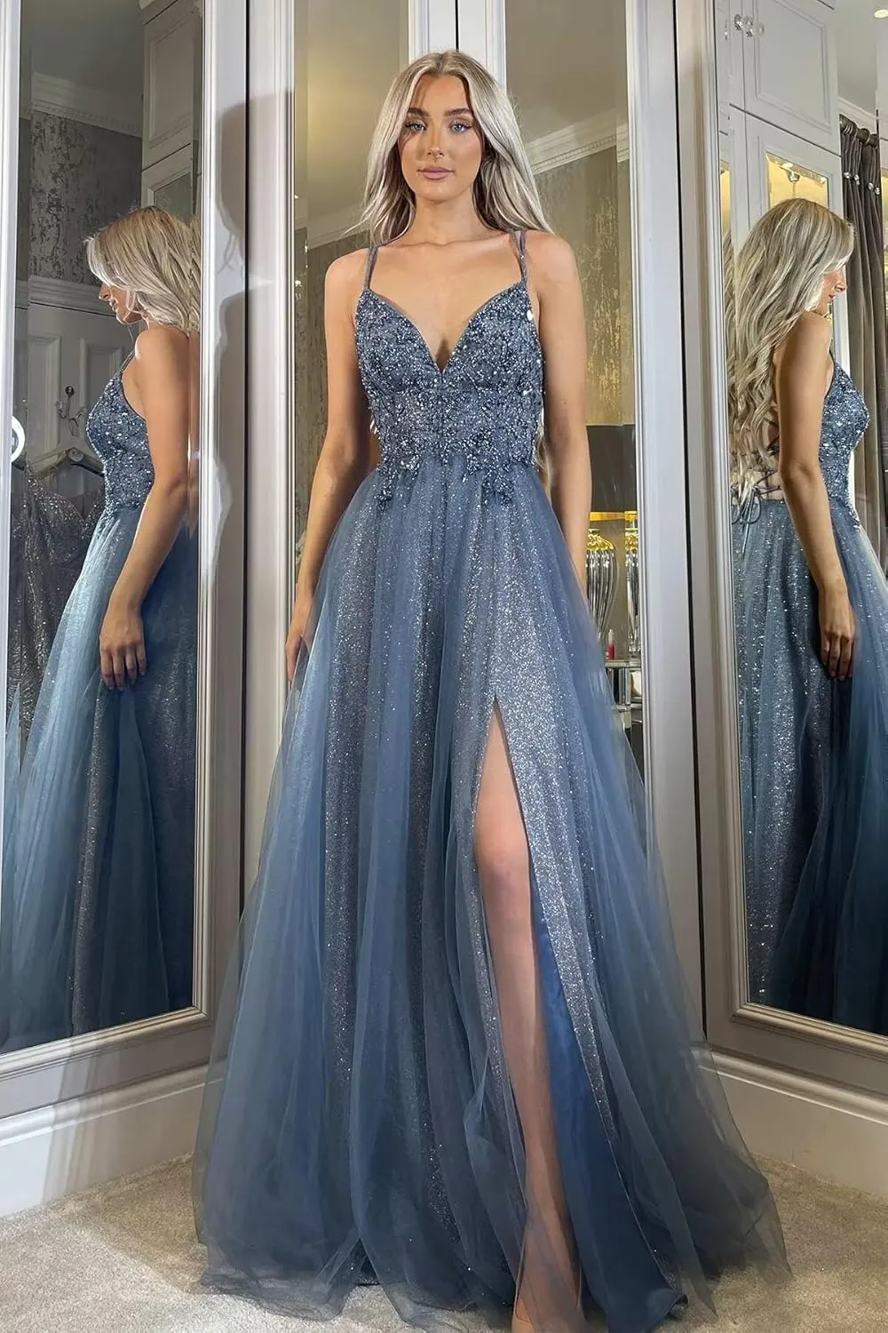 SoDigne Glitter Tulle Prom Dresses Beaded Lace V Neck Backless Long Evening Formal Gowns with Slit