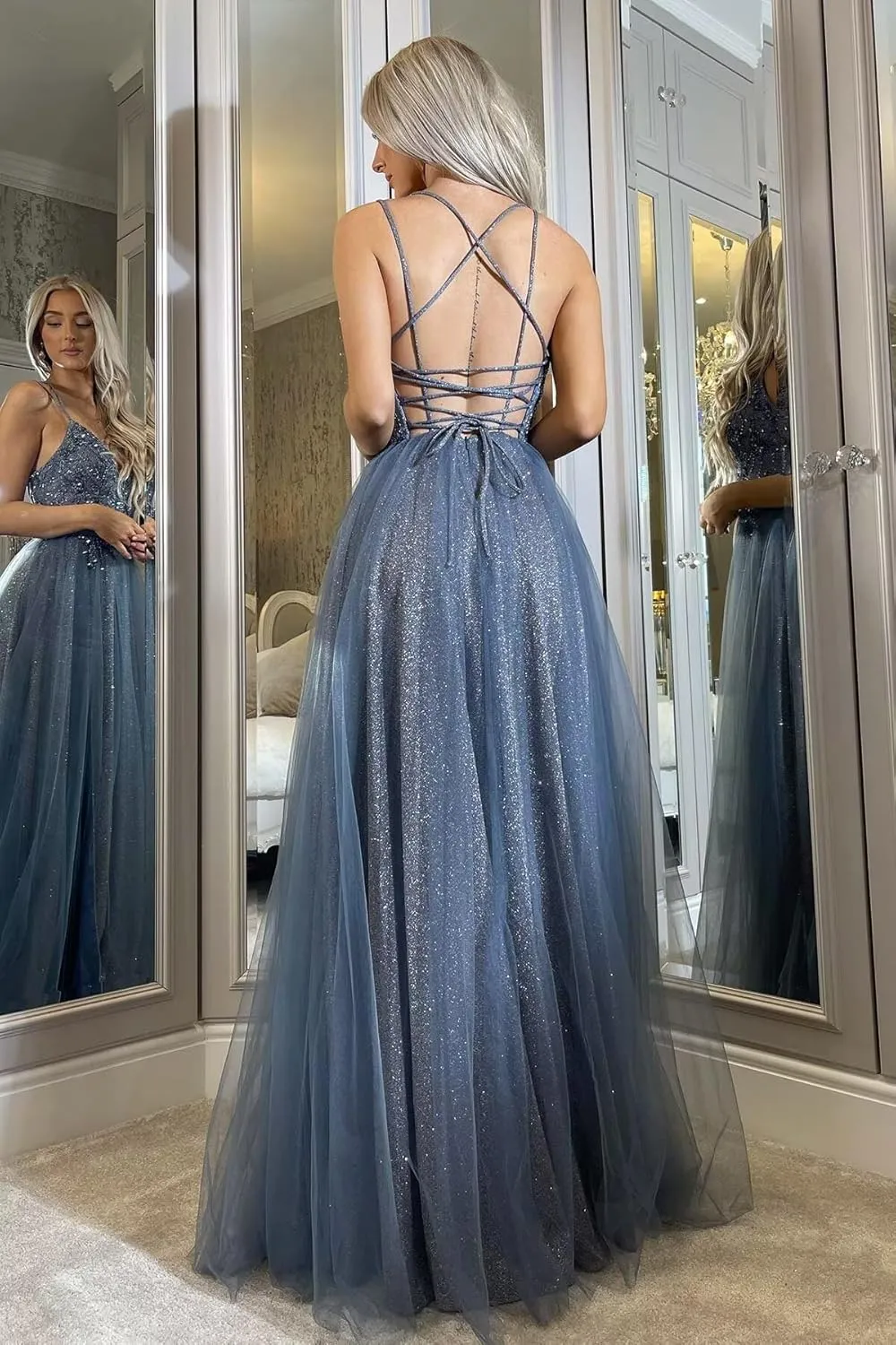 SoDigne Glitter Tulle Prom Dresses Beaded Lace V Neck Backless Long Evening Formal Gowns with Slit