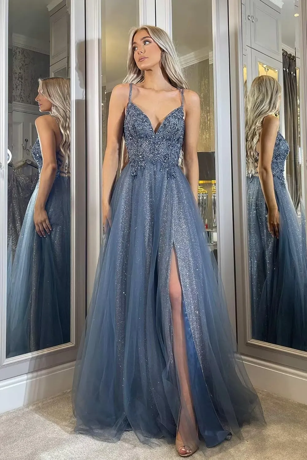 SoDigne Glitter Tulle Prom Dresses Beaded Lace V Neck Backless Long Evening Formal Gowns with Slit