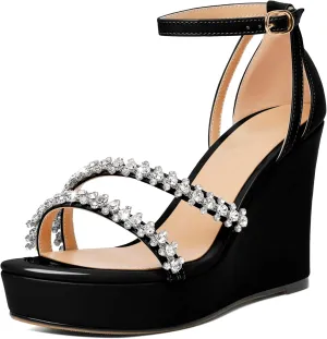 Soireelady Women Wedge Heel Sandals Open Toe Rhinestone Heels Sparkly Platform Heel Wedges Ankle Strap Summer Wedges Sexy Heeled Pump Shoes for Party Wedding Evening