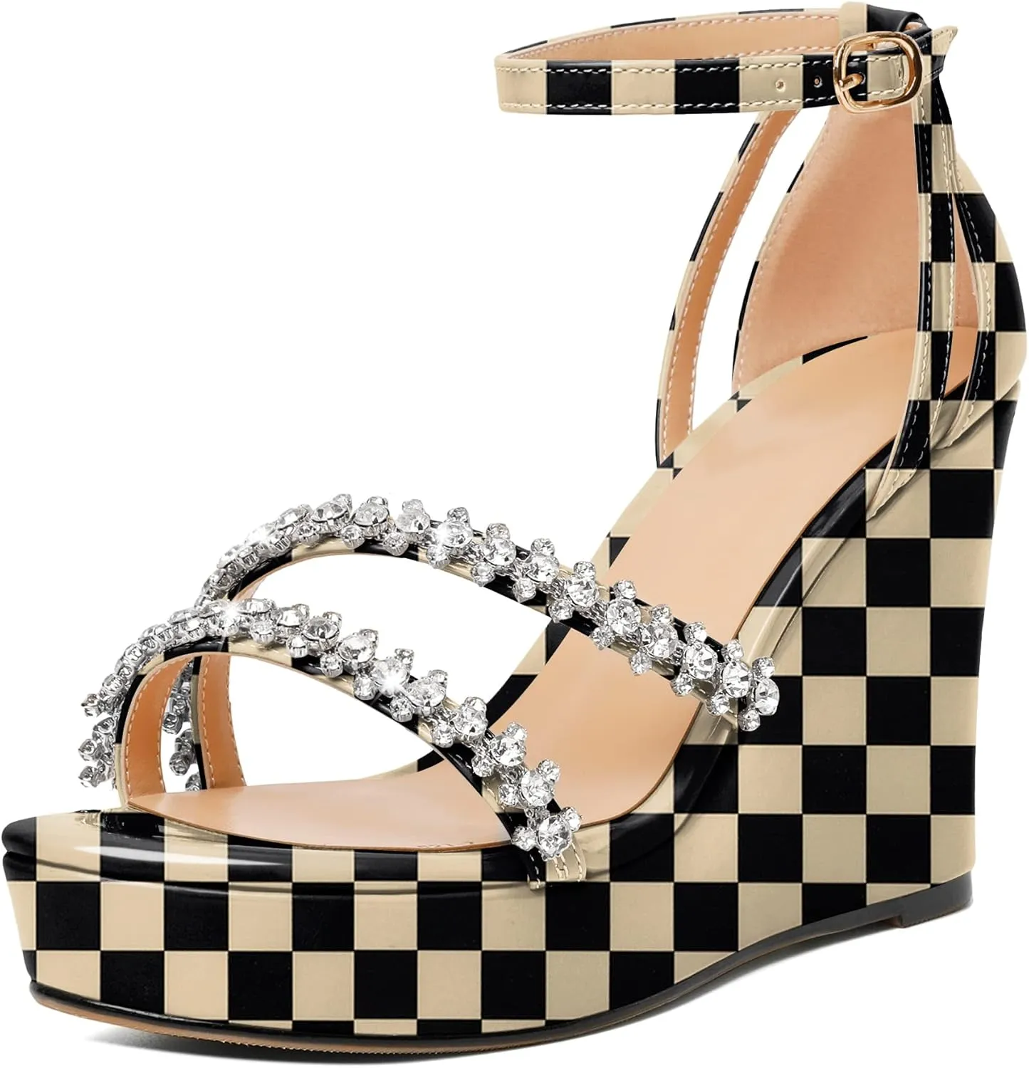 Soireelady Women Wedge Heel Sandals Open Toe Rhinestone Heels Sparkly Platform Heel Wedges Ankle Strap Summer Wedges Sexy Heeled Pump Shoes for Party Wedding Evening