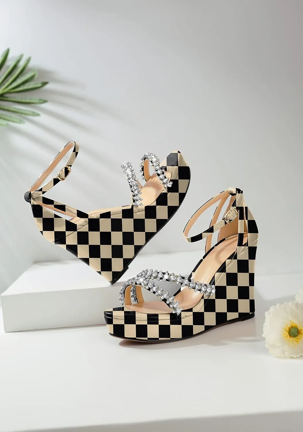 Soireelady Women Wedge Heel Sandals Open Toe Rhinestone Heels Sparkly Platform Heel Wedges Ankle Strap Summer Wedges Sexy Heeled Pump Shoes for Party Wedding Evening