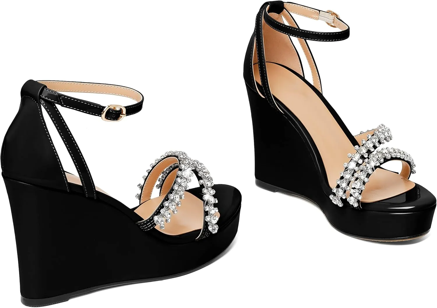 Soireelady Women Wedge Heel Sandals Open Toe Rhinestone Heels Sparkly Platform Heel Wedges Ankle Strap Summer Wedges Sexy Heeled Pump Shoes for Party Wedding Evening