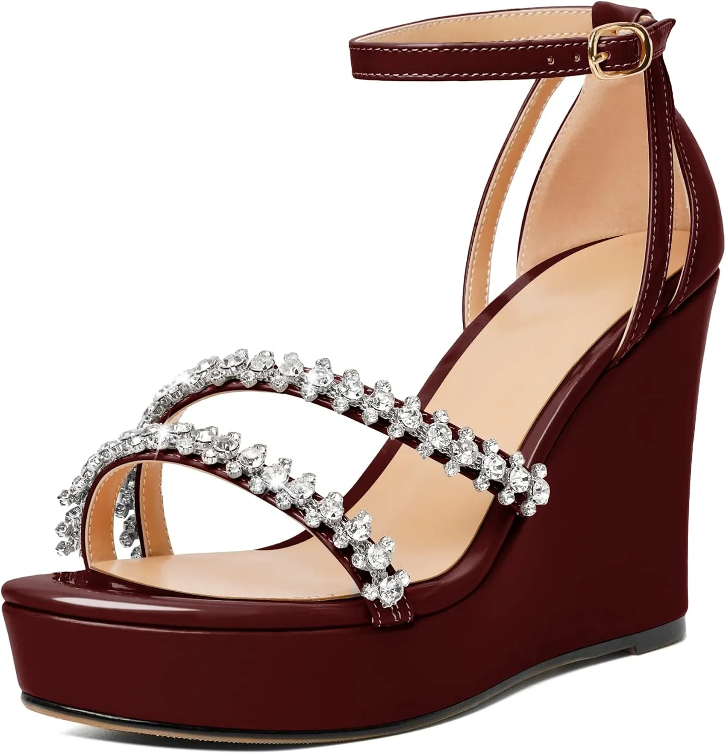Soireelady Women Wedge Heel Sandals Open Toe Rhinestone Heels Sparkly Platform Heel Wedges Ankle Strap Summer Wedges Sexy Heeled Pump Shoes for Party Wedding Evening
