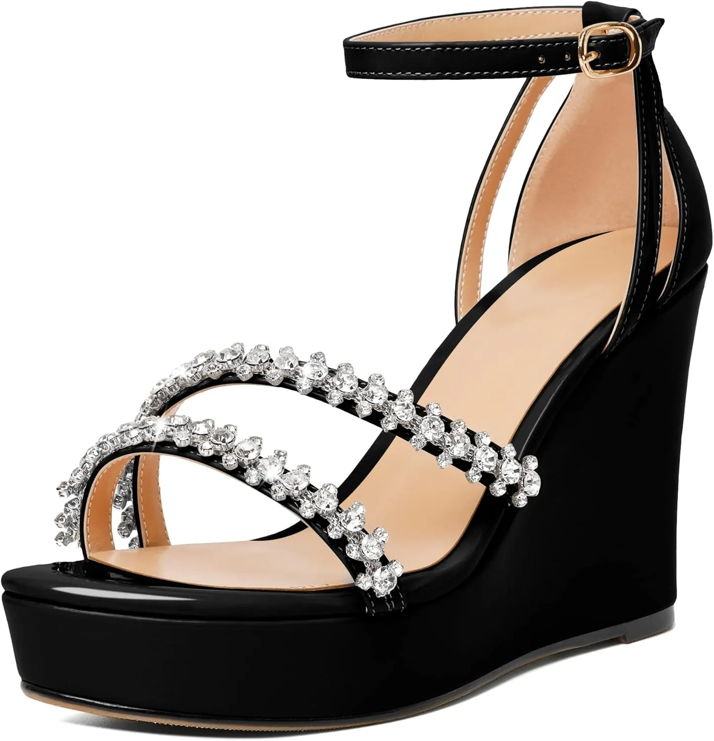 Soireelady Women Wedge Heel Sandals Open Toe Rhinestone Heels Sparkly Platform Heel Wedges Ankle Strap Summer Wedges Sexy Heeled Pump Shoes for Party Wedding Evening