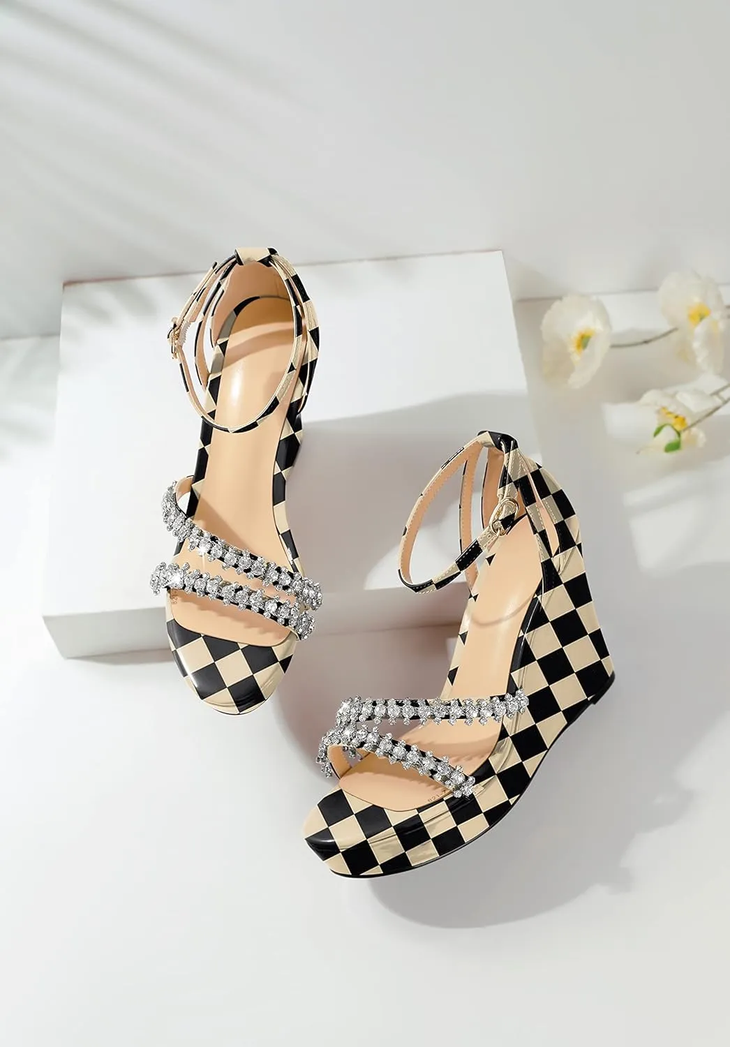 Soireelady Women Wedge Heel Sandals Open Toe Rhinestone Heels Sparkly Platform Heel Wedges Ankle Strap Summer Wedges Sexy Heeled Pump Shoes for Party Wedding Evening