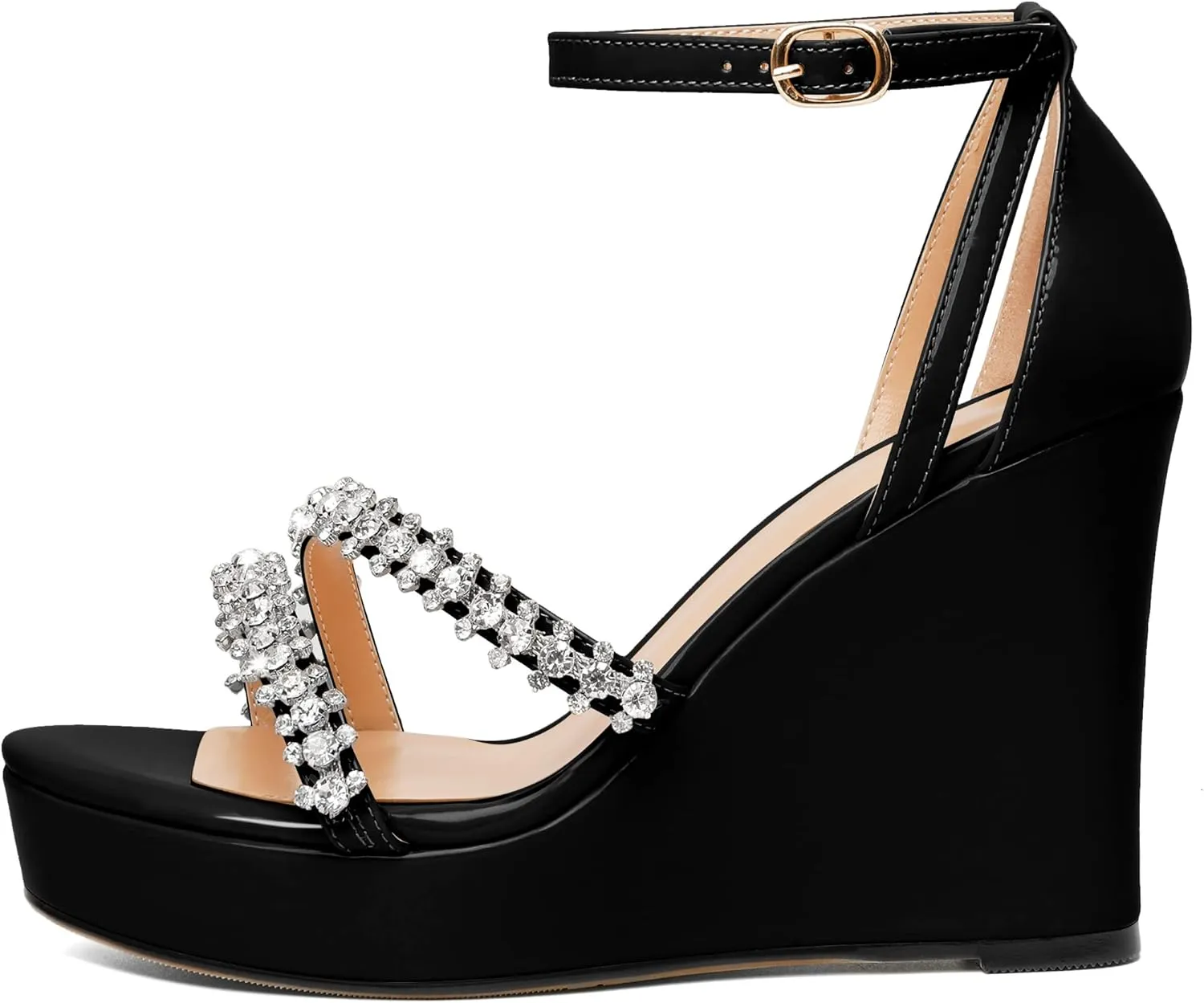 Soireelady Women Wedge Heel Sandals Open Toe Rhinestone Heels Sparkly Platform Heel Wedges Ankle Strap Summer Wedges Sexy Heeled Pump Shoes for Party Wedding Evening