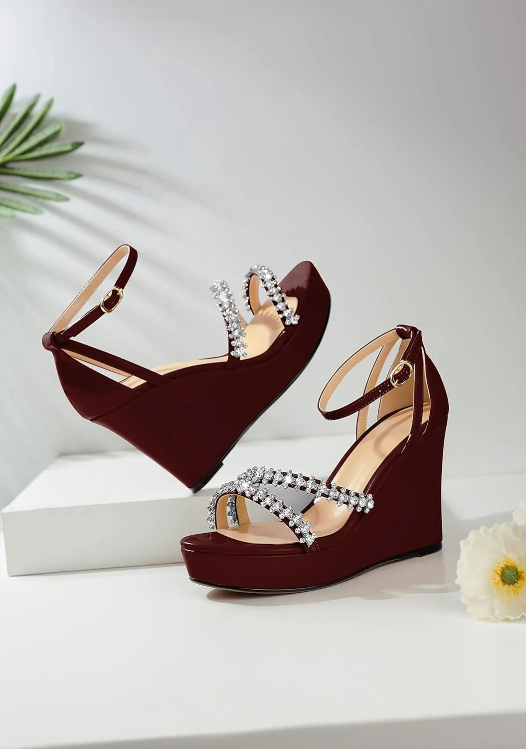 Soireelady Women Wedge Heel Sandals Open Toe Rhinestone Heels Sparkly Platform Heel Wedges Ankle Strap Summer Wedges Sexy Heeled Pump Shoes for Party Wedding Evening