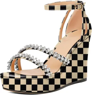 Soireelady Women Wedge Heel Sandals Open Toe Rhinestone Heels Sparkly Platform Heel Wedges Ankle Strap Summer Wedges Sexy Heeled Pump Shoes for Party Wedding Evening