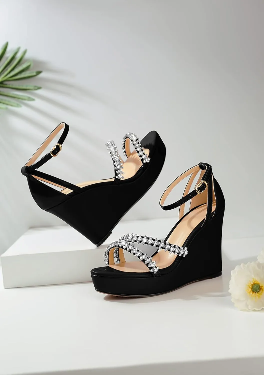 Soireelady Women Wedge Heel Sandals Open Toe Rhinestone Heels Sparkly Platform Heel Wedges Ankle Strap Summer Wedges Sexy Heeled Pump Shoes for Party Wedding Evening