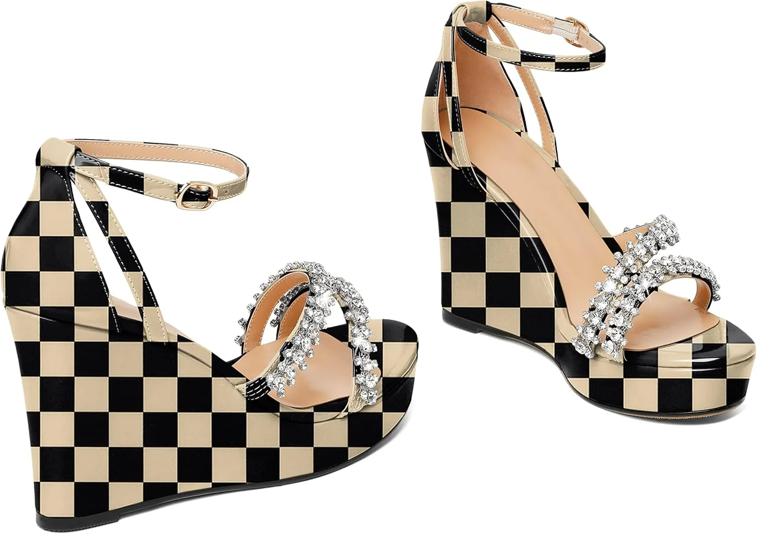 Soireelady Women Wedge Heel Sandals Open Toe Rhinestone Heels Sparkly Platform Heel Wedges Ankle Strap Summer Wedges Sexy Heeled Pump Shoes for Party Wedding Evening