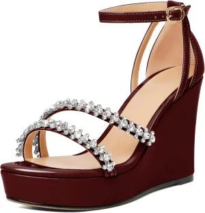 Soireelady Women Wedge Heel Sandals Open Toe Rhinestone Heels Sparkly Platform Heel Wedges Ankle Strap Summer Wedges Sexy Heeled Pump Shoes for Party Wedding Evening