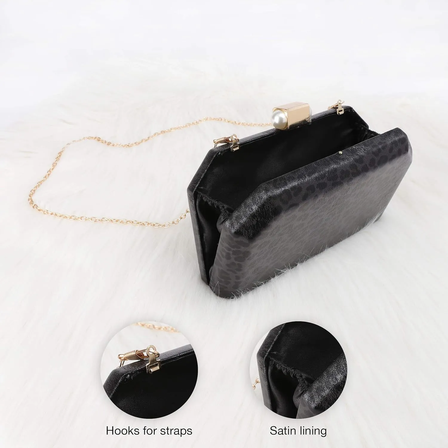 SP Sophia Collection Women's Structured Shimmer Leopard Clutch Chain Strap Crossbody Bag with Pearl Closure for Parties