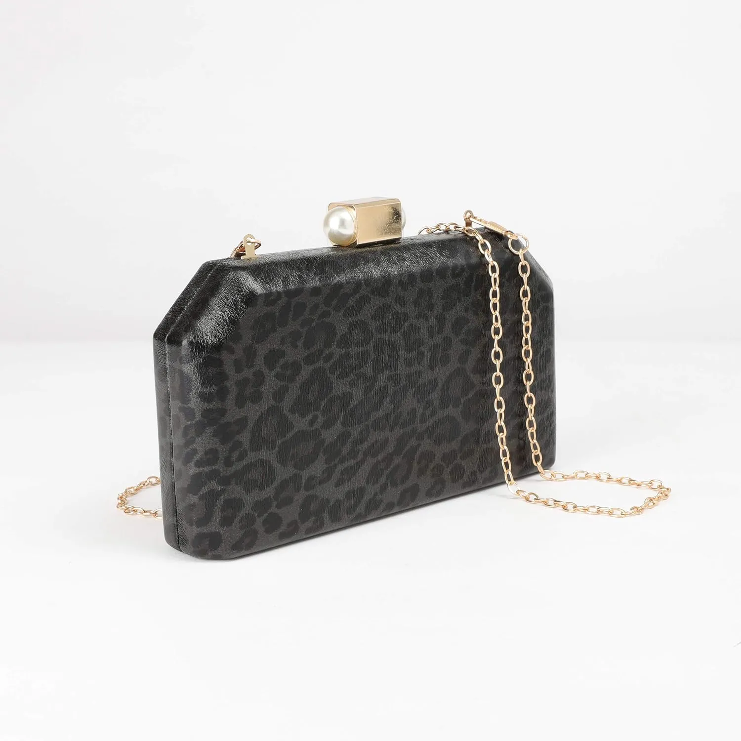 SP Sophia Collection Women's Structured Shimmer Leopard Clutch Chain Strap Crossbody Bag with Pearl Closure for Parties
