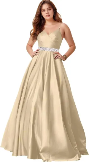 Spaghetti Straps Prom Dress for Women Long Satin Beaded V-Neck Formal Evening Party Ball Gowns with Pockets
