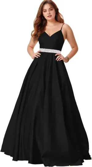 Spaghetti Straps Prom Dress for Women Long Satin Beaded V-Neck Formal Evening Party Ball Gowns with Pockets