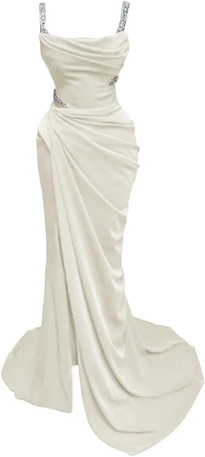 Spaghtti Straps Beaded Prom Dresses 2025 Long Mermaid Slit Satin Formal Evening Party Gowns for Women