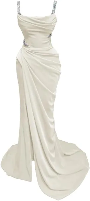 Spaghtti Straps Beaded Prom Dresses 2025 Long Mermaid Slit Satin Formal Evening Party Gowns for Women