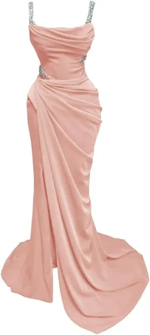 Spaghtti Straps Beaded Prom Dresses 2025 Long Mermaid Slit Satin Formal Evening Party Gowns for Women