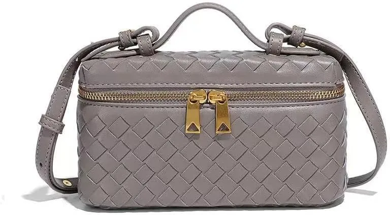 Square Box Crossbody Purse, Mini PU Leather Shoulder Bag, Top-Handle Tote Handbag, Woven Design