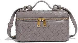 Square Box Crossbody Purse, Mini PU Leather Shoulder Bag, Top-Handle Tote Handbag, Woven Design