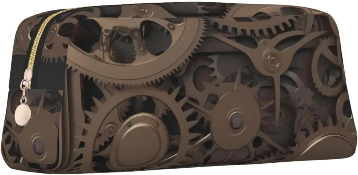 Steampunk Mechanical Gears Makeup Bag Travel Toiletry Bag Big Pencil Bag for Women Men Leather Zipper Coin Pouch Purse