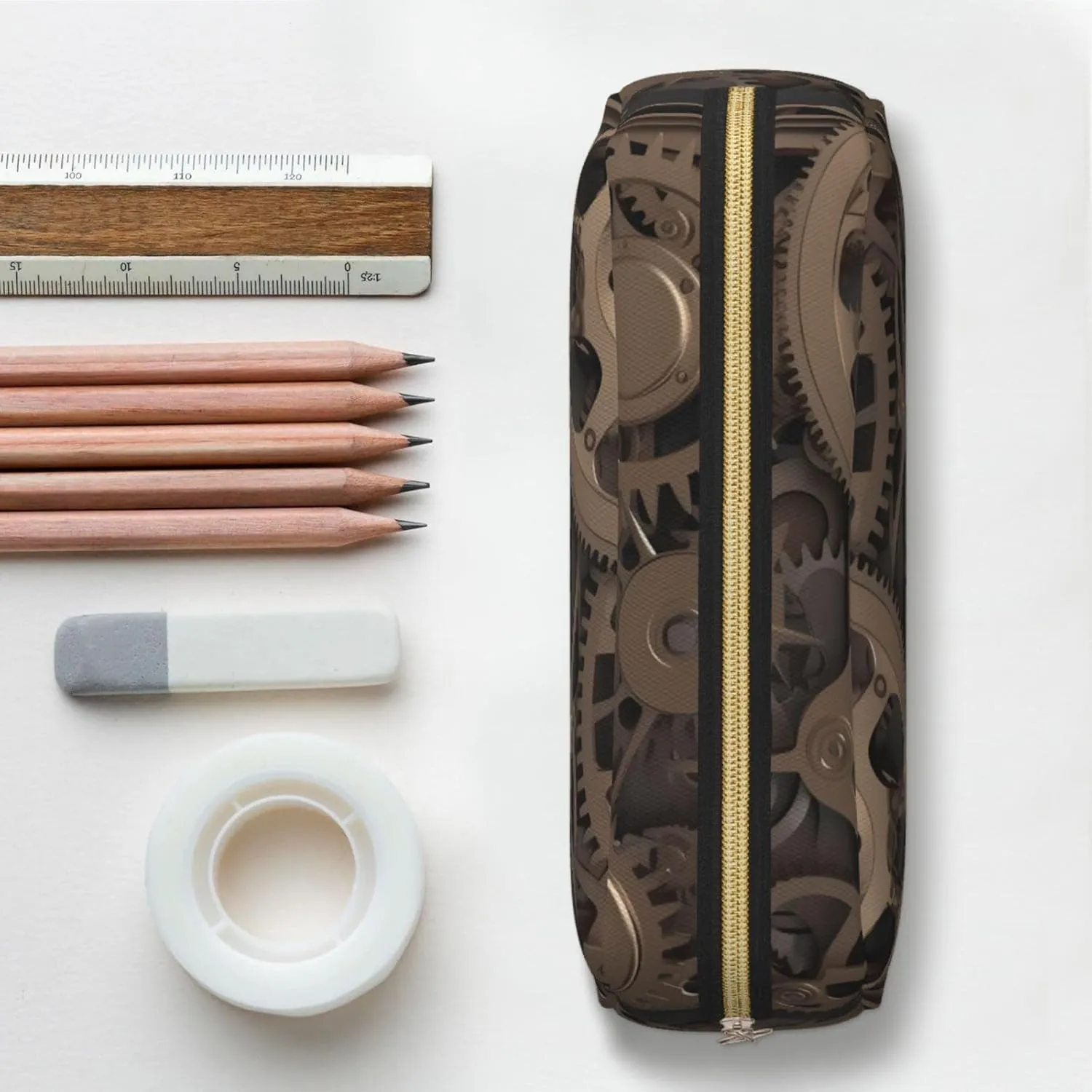Steampunk Mechanical Gears Makeup Bag Travel Toiletry Bag Big Pencil Bag for Women Men Leather Zipper Coin Pouch Purse