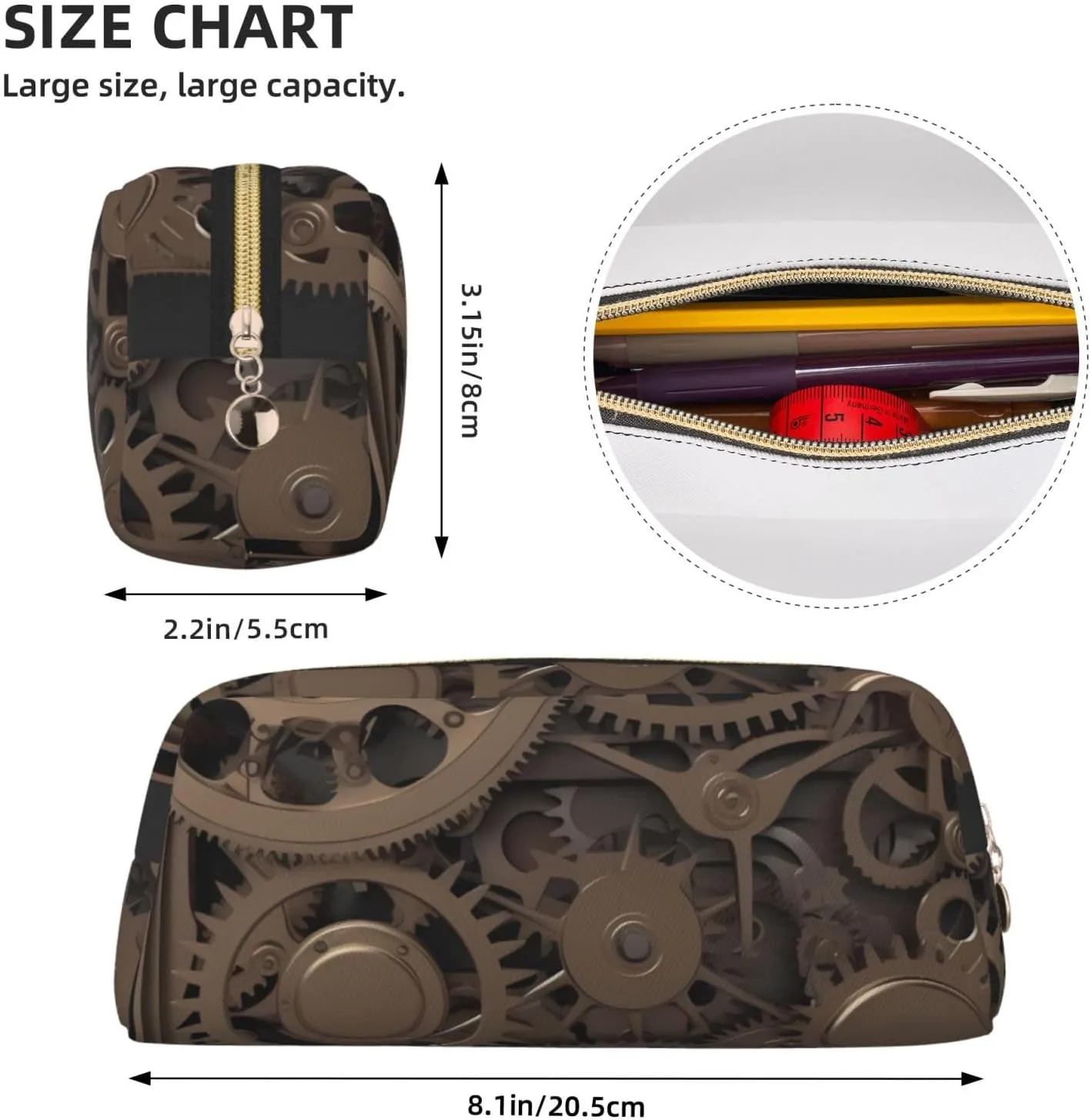 Steampunk Mechanical Gears Makeup Bag Travel Toiletry Bag Big Pencil Bag for Women Men Leather Zipper Coin Pouch Purse