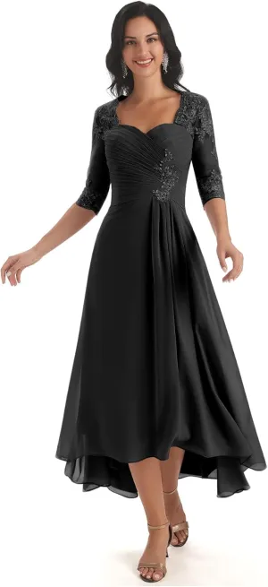 Sukleet Women's Tea Length Mother of The Bride Dresses for Wedding Short Sleeves Lace Applique Formal Evening Prom Gowns
