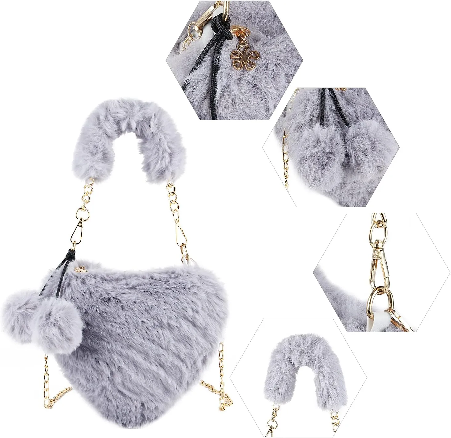 SUKUTU Faux Fur Purse Women's Heart Shaped Evening Handbags Small Cute Phone Crossbody Bag Clutches for Girls