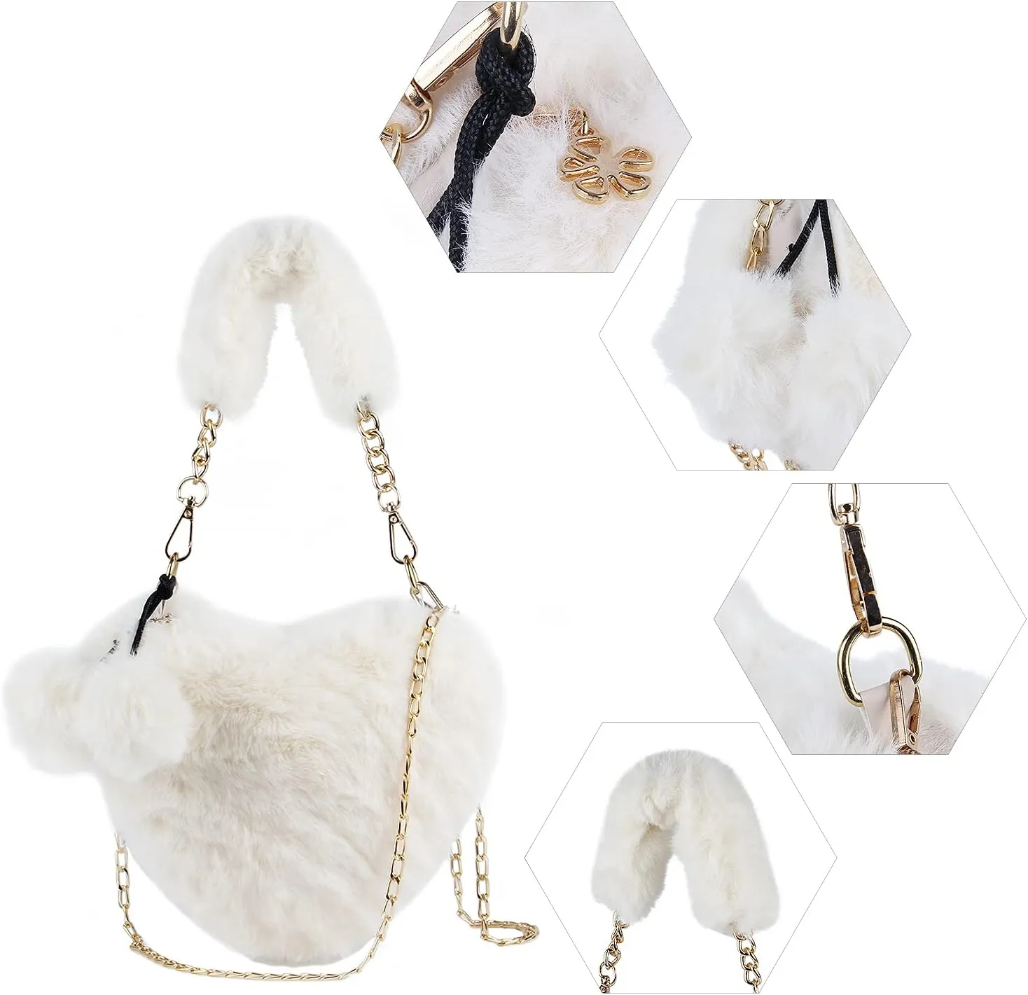 SUKUTU Faux Fur Purse Women's Heart Shaped Evening Handbags Small Cute Phone Crossbody Bag Clutches for Girls