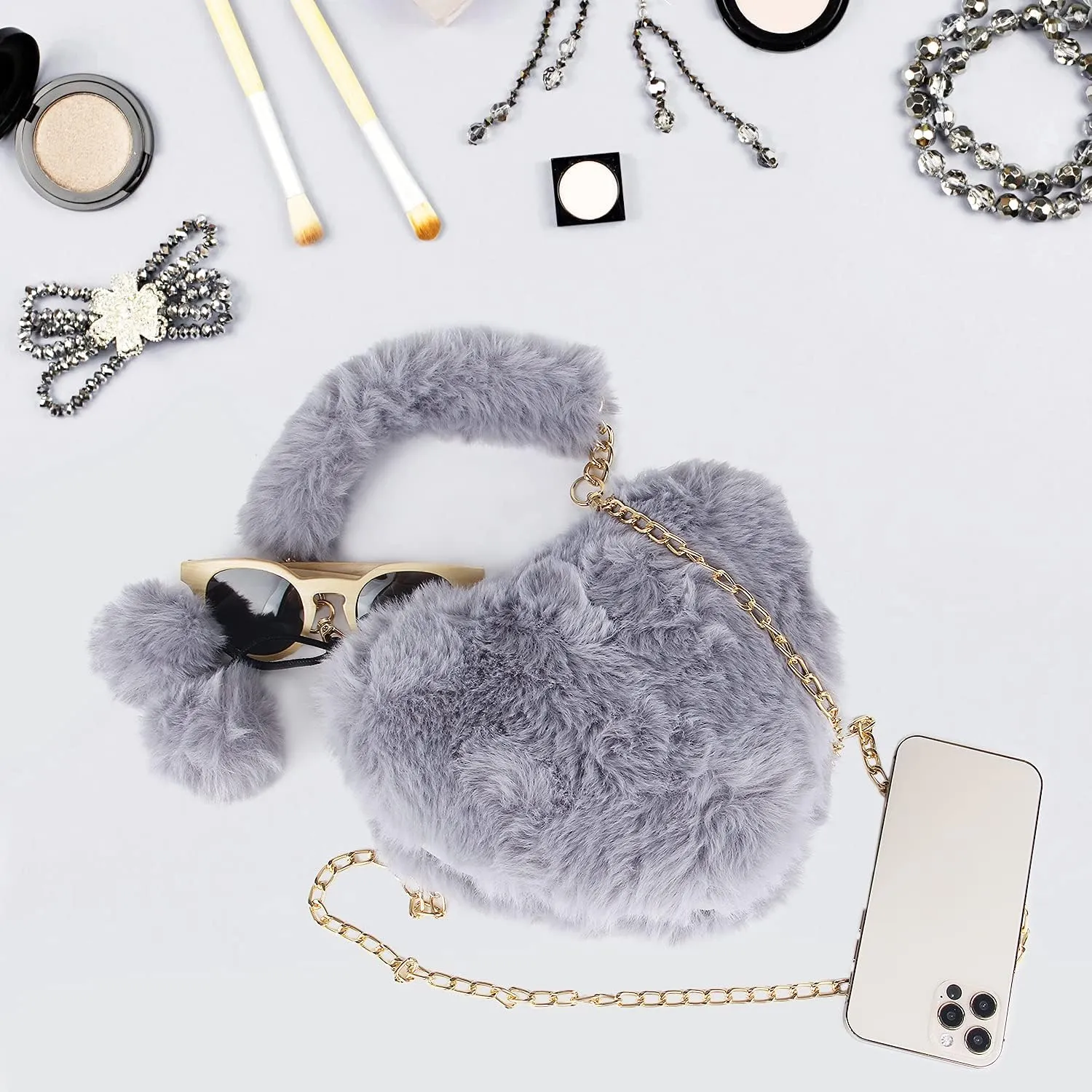 SUKUTU Faux Fur Purse Women's Heart Shaped Evening Handbags Small Cute Phone Crossbody Bag Clutches for Girls